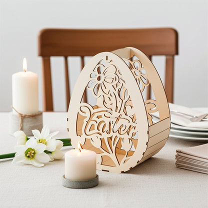 Detailed laser cut plywood wooden Easter basket shaped like an egg, with "Easter" text and floral cutouts, used as a centerpiece on a white table with lit candles and white daffodils