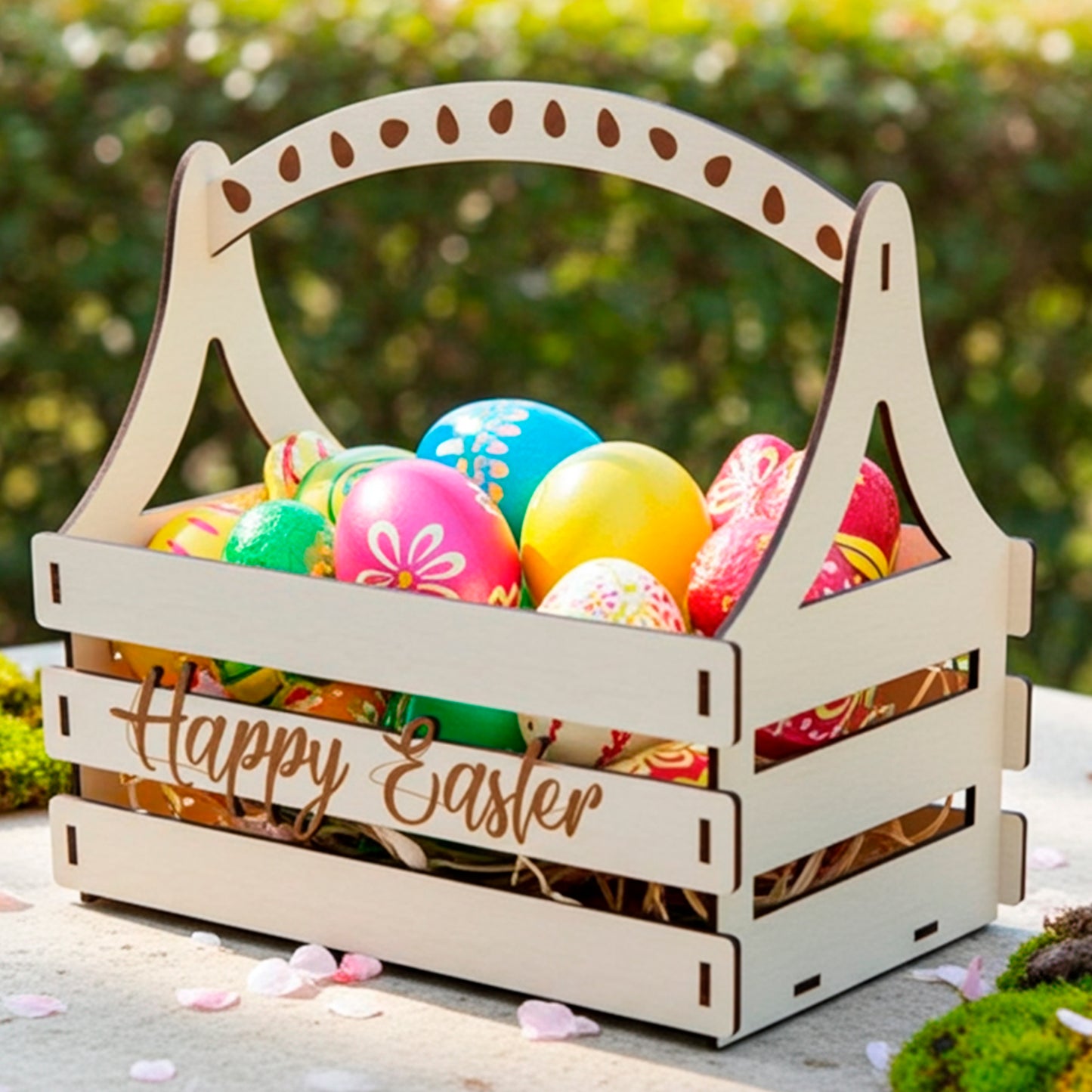 Laser cut wooden plywood crate-style Easter basket with "Happy Easter" script, filled with bright decorated eggs, placed on a stone surface surrounded by moss and pink petals