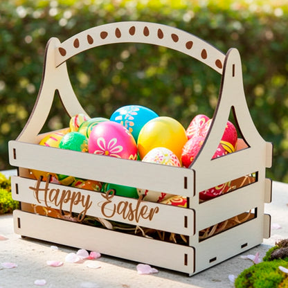 Laser cut wooden plywood crate-style Easter basket with "Happy Easter" script, filled with bright decorated eggs, placed on a stone surface surrounded by moss and pink petals
