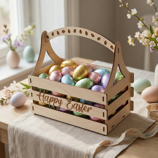 Wooden Easter laser cut basket filled with colorful eggs on a table with flowers in the background.