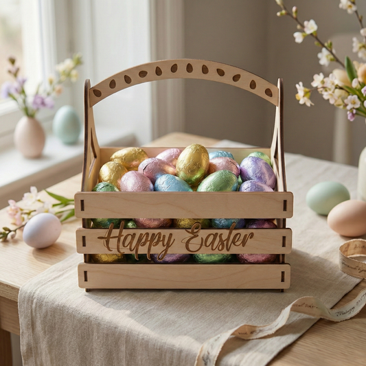 Wooden Easter basket with colorful eggs on a table with flowers in the background