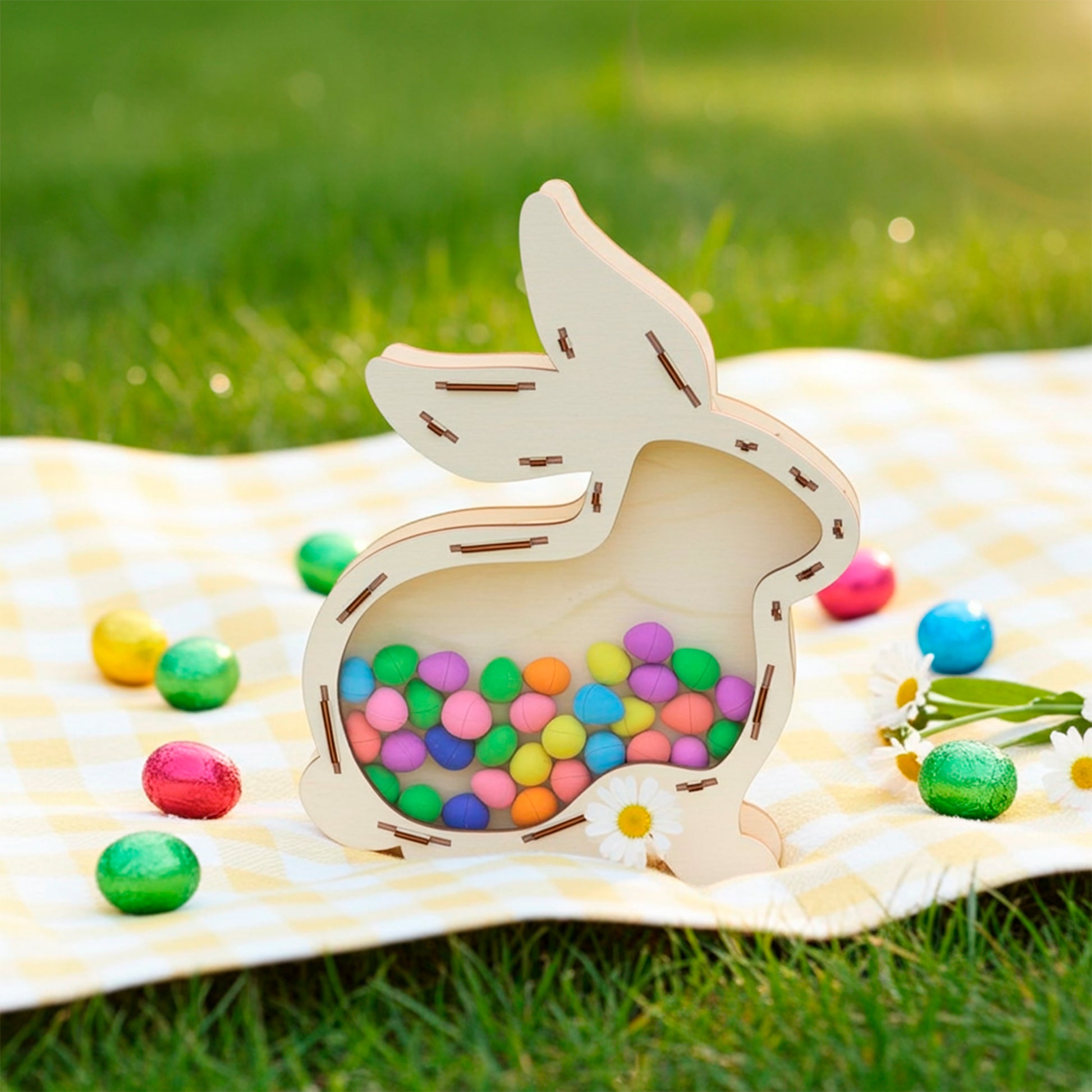 3D laser cut plywood wooden bunny shaped shaker box with a clear acrylic front, filled with small colorful candy eggs, sitting on a yellow checkered blanket in bright sunlight