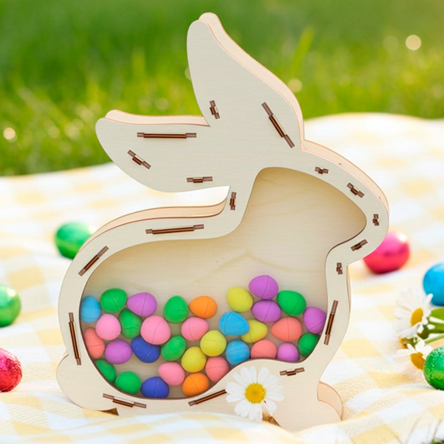 3D laser cut plywood wooden bunny shaped shaker box with a clear acrylic front, filled with small colorful candy eggs, sitting on a yellow checkered blanket in bright sunlight