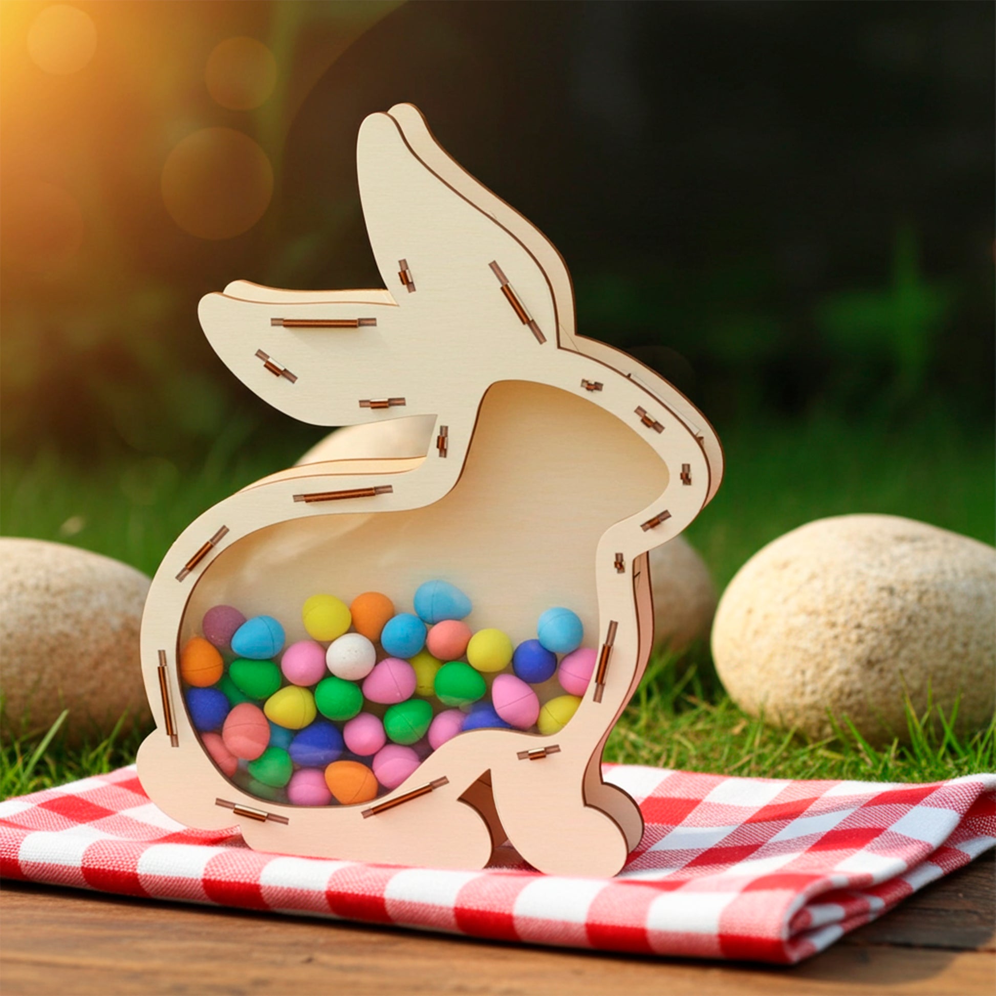 Close-up of a laser cut plywood wooden bunny shaped box with colorful candy eggs inside, standing on a red and white checkered cloth on a wooden surface outdoors with large stones nearby