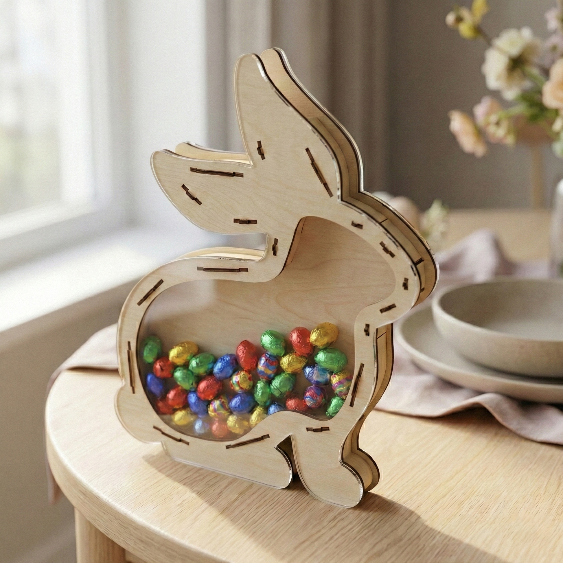 Wooden laser cut bunny-shaped container filled with colorful candies on a table.