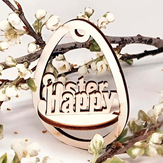 Laser cut plywood wooden Easter egg ornament with the layered, etched text "Happy Easter" inside, hanging among white blooming spring tree branches on a clean white background