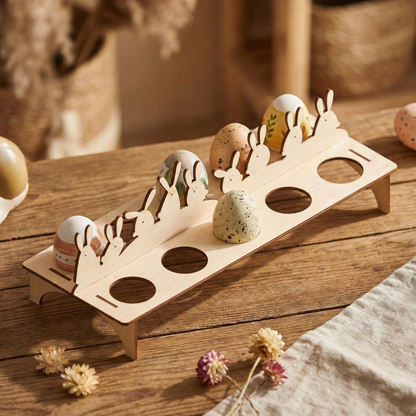 Wooden easter laser cut egg holder with decorative eggs on a wooden surface.