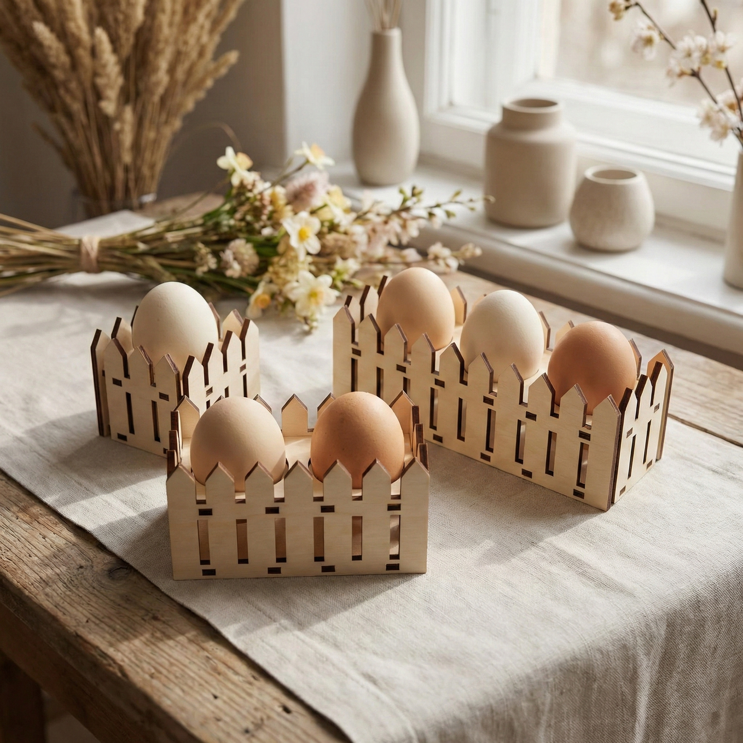 Three laser cut wooden egg crates with eggs on a table near a window with decorative vases and flowers.