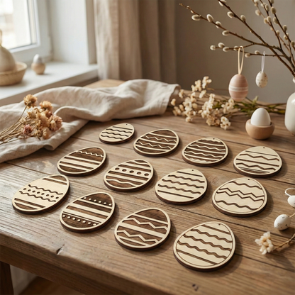 Wooden Easter egg laser cut ornaments on a wooden table with decorative elements.