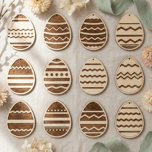 Wooden laser cut Easter egg ornaments with patterns on a light background with flowers.