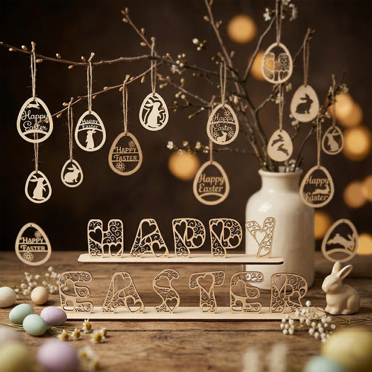 A comprehensive set of laser-cut plywood Easter decorations, including egg-shaped ornaments with bunny silhouettes and a two-tier "Happy Easter" tabletop sign with intricate heart filigree. Displayed in a warm, aesthetic setting with a blooming branch, pastel eggs, and a ceramic bunny.