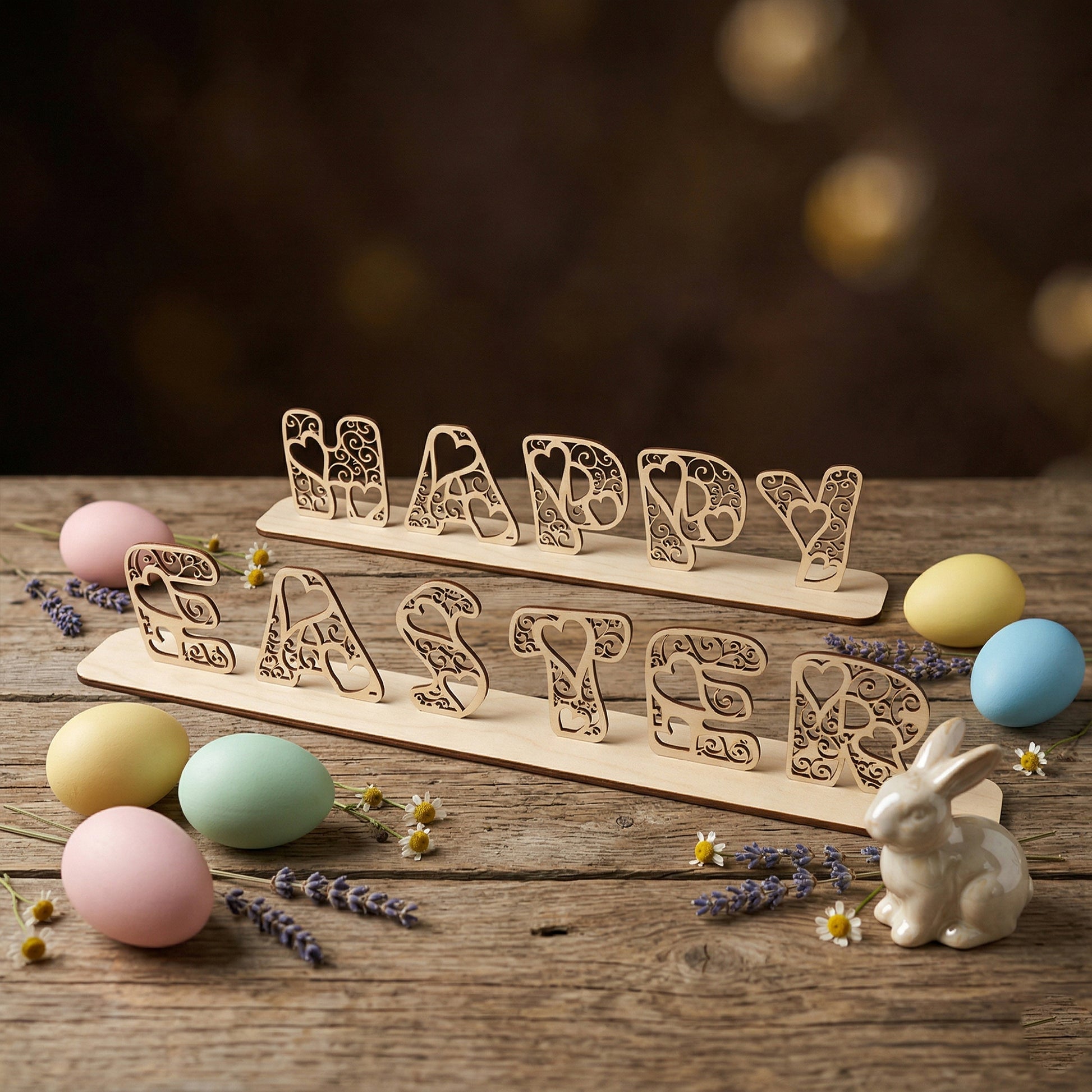 A "Happy Easter" freestanding tabletop sign made from laser-cut plywood. The letters feature a beautiful, intricate heart and scrollwork pattern. Posed on a rustic wooden table alongside colorful pastel Easter eggs, dried lavender, and a small ceramic rabbit.