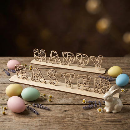 A "Happy Easter" freestanding tabletop sign made from laser-cut plywood. The letters feature a beautiful, intricate heart and scrollwork pattern. Posed on a rustic wooden table alongside colorful pastel Easter eggs, dried lavender, and a small ceramic rabbit.