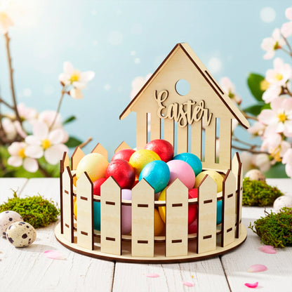 3D laser cut wooden plywood bunny-shaped shaker box with a clear window, filled with small colorful candy eggs, placed on a yellow checkered cloth on grass with foil-wrapped chocolates.