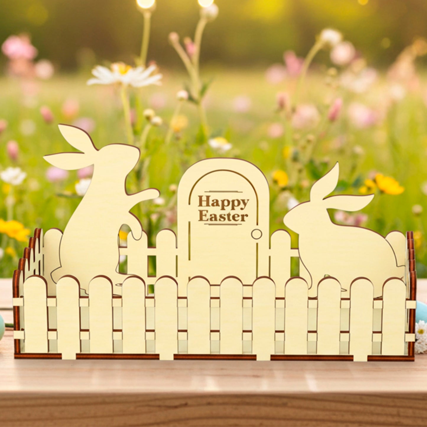 Laser cut  plywood wooden Easter fence decoration featuring two bunny silhouettes and a sign that reads "Happy Easter," styled outdoors on a table with colorful eggs and a wildflower background