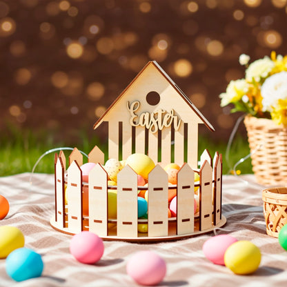 Laser cut wooden plywood fence house basket filled with pastel eggs, sitting on a plaid blanket on green grass, with blurred golden bokeh lights and a basket of yellow flowers nearby.
