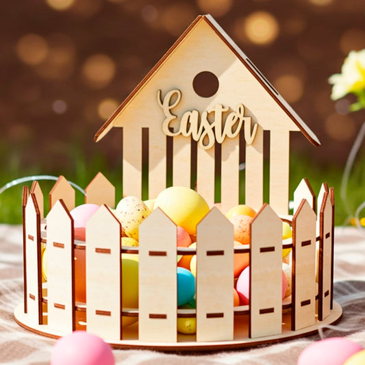 Laser cut wooden plywood fence house basket filled with pastel eggs, sitting on a plaid blanket on green grass, with blurred golden bokeh lights and a basket of yellow flowers nearby.