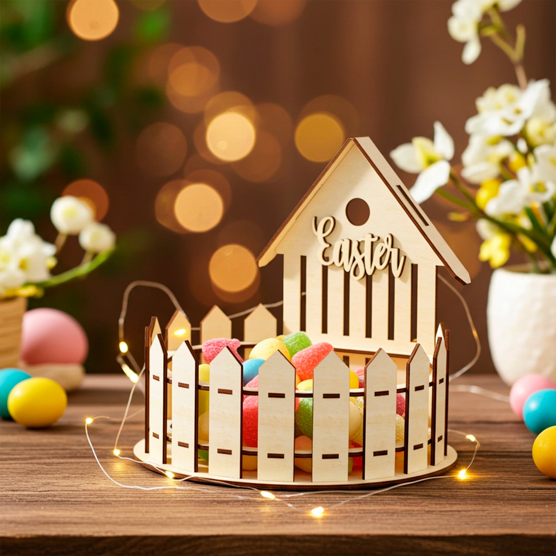 Decorative laser cut wooden plywood fence house basket filled with colorful gummy candies, placed on a dark wooden table and illuminated by warm fairy lights and white flowers in the background