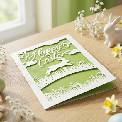 Close-up of an intricate laser cut Easter card featuring a rabbit in a meadow. The white cutout is layered over bright green paper. Shown on a light wood surface with a small ceramic bunny and white spring blossoms.