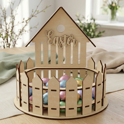 Wooden Easter laser cut basket with colorful eggs on a light surface
