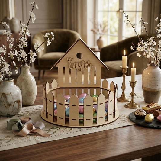 Decorative Easter display with a wooden house-shaped cake stand on a table.