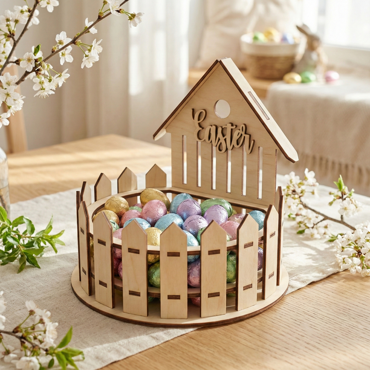 Wooden Easter laser cut basket with colorful eggs on a table with floral decorations