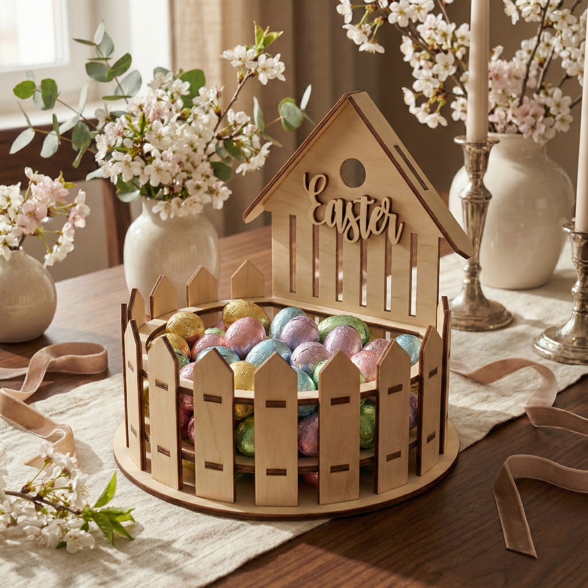 Wooden laser cut Easter basket with colorful eggs on a table with flowers and candles