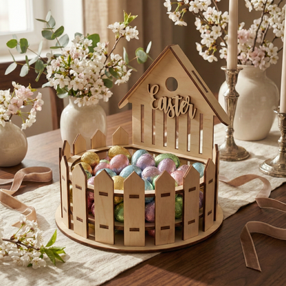 Wooden laser cut Easter basket with colorful eggs on a table with flowers and candles