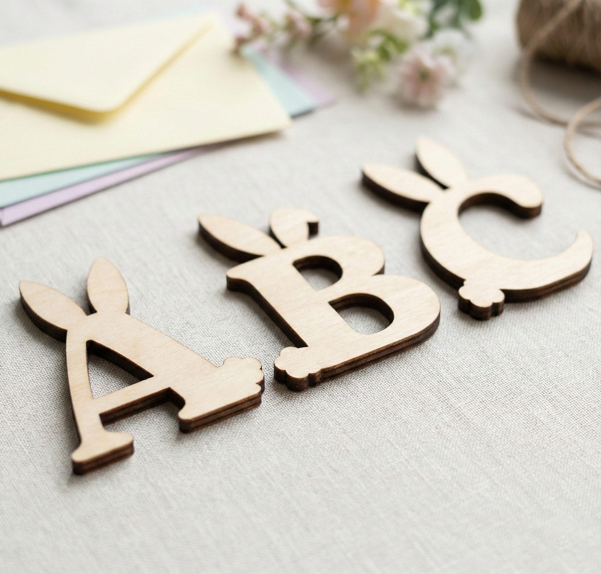 Wooden laser cut letters 'A', 'B', and 'C' on a light surface with stationery items in the background.