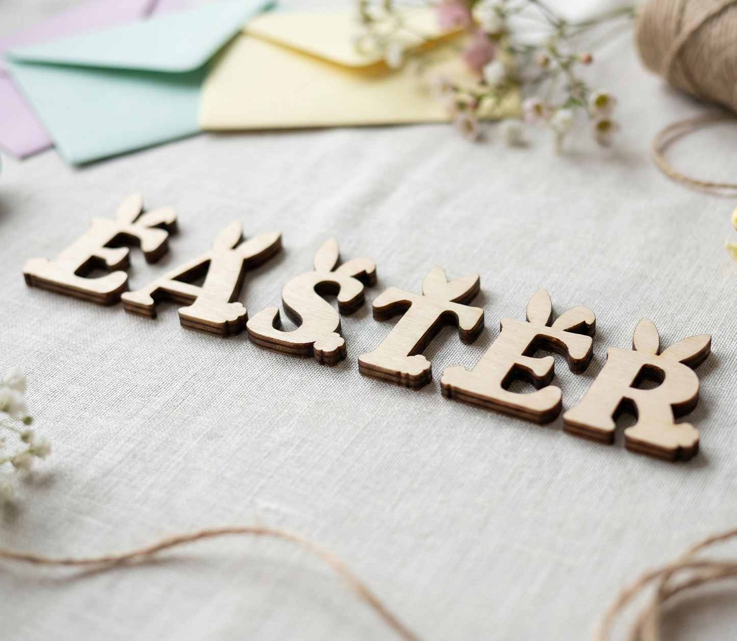 Wooden laser cut letters spelling 'Easter' on a light fabric background with flowers and yarn.