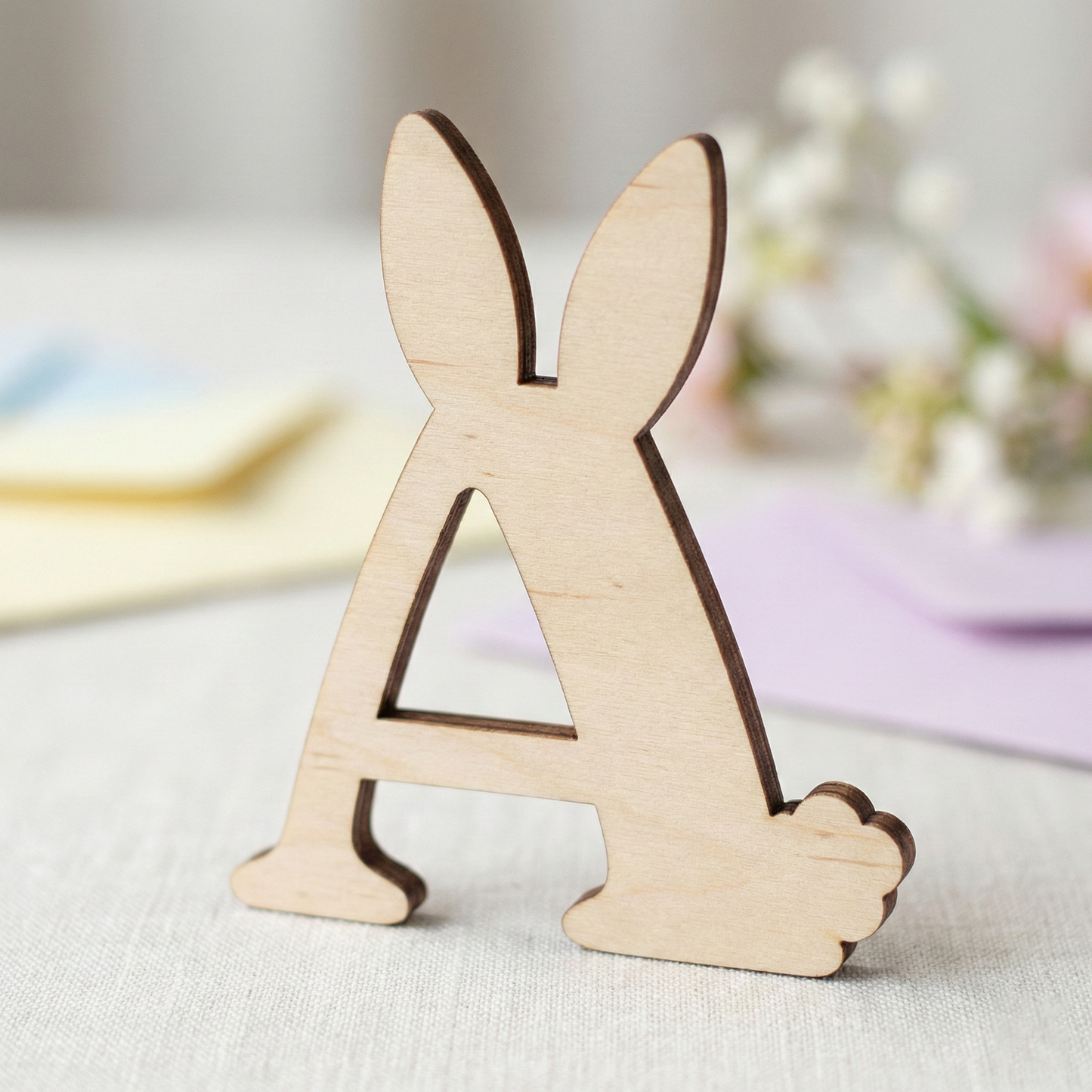 Wooden laser cut letter 'A' shaped like a rabbit on a light background