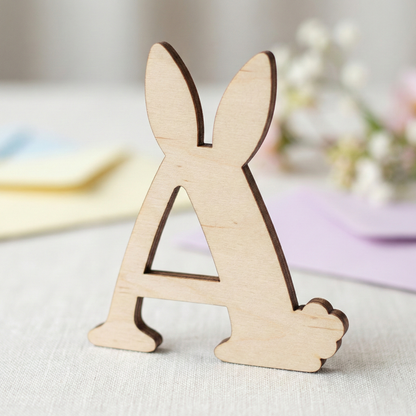 Wooden laser cut letter 'A' shaped like a rabbit on a light background