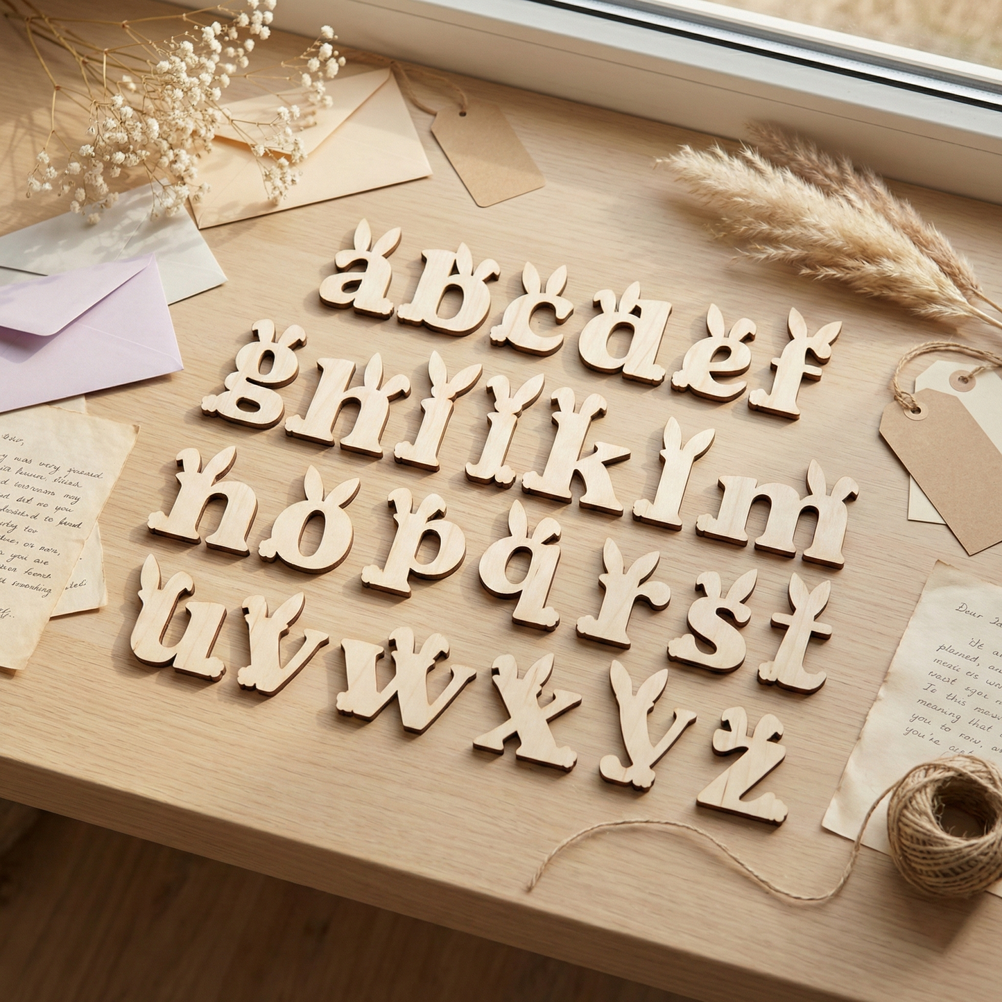 Wooden laser cut letters on a wooden surface with decorative elements