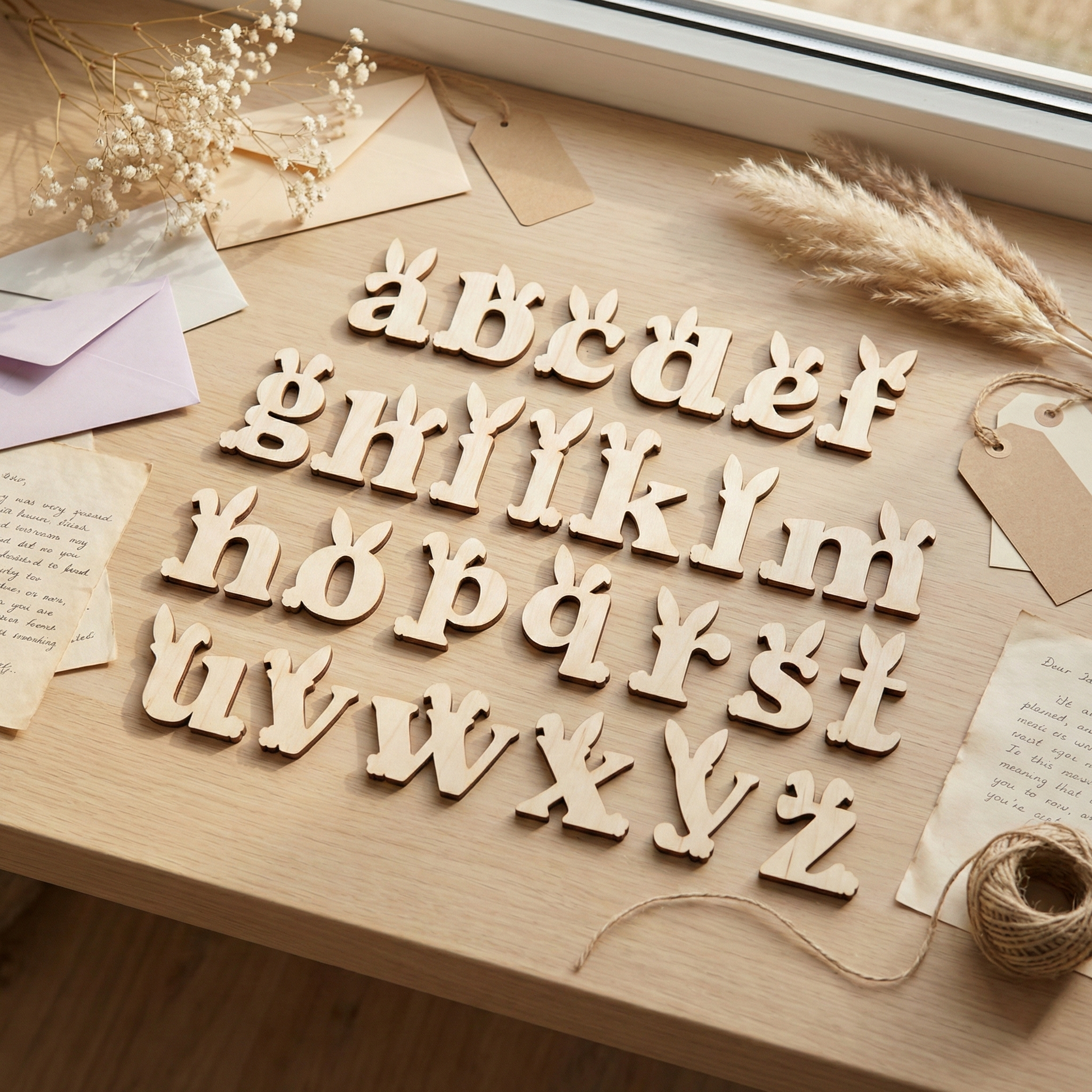 Wooden laser cut letters on a wooden surface with decorative elements
