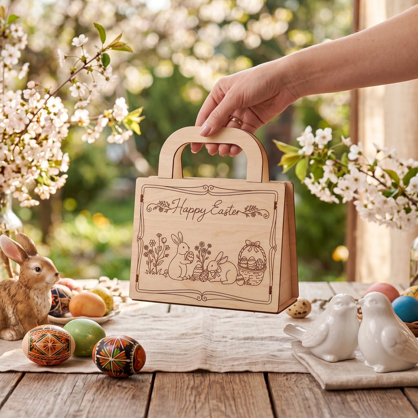 Hand holding a "Happy Easter" gift bag made of laser cut plywood, surrounded by holiday eggs and decor.