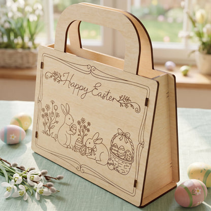 Decorative laser cut plywood Easter gift bag sitting on a table with painted eggs and pussy willow branches.