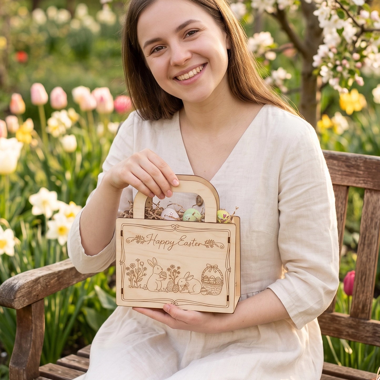 Smiling woman holding a laser cut plywood Easter gift bag in a blooming spring garden setting.