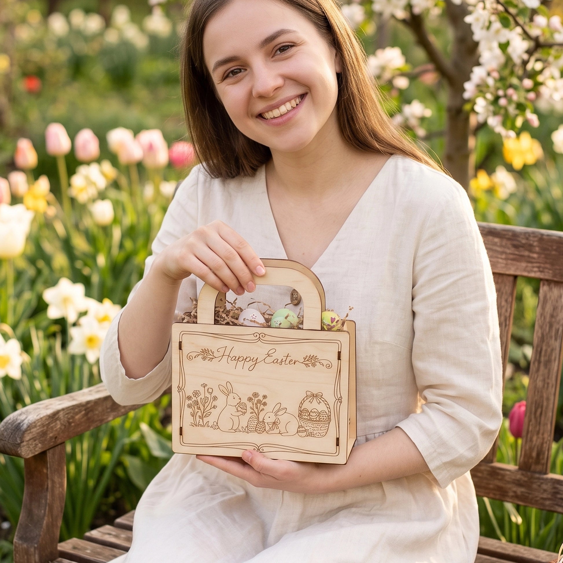 Smiling woman holding a laser cut plywood Easter gift bag in a blooming spring garden setting.