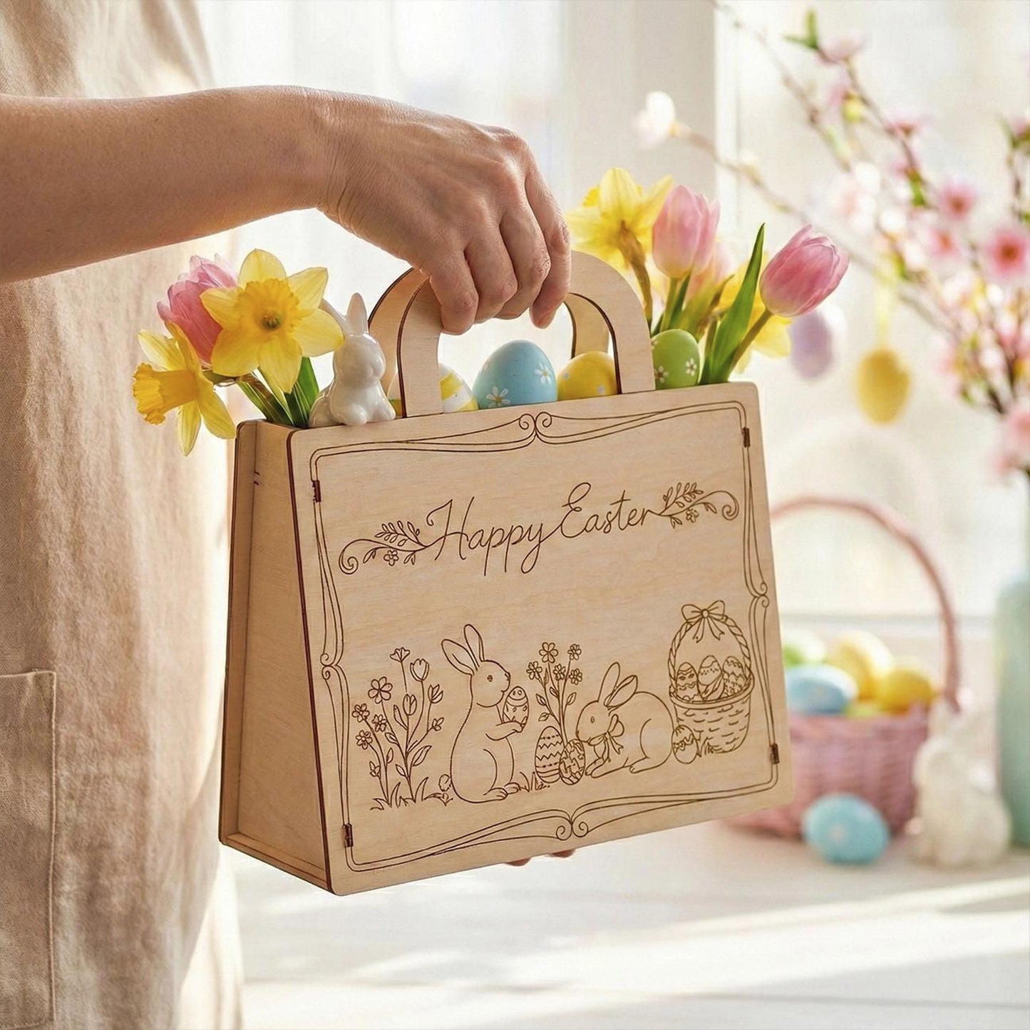 A person is holding a aser cut plywood Easter gift bag with a bunny, flowers, and Easter eggs inside.