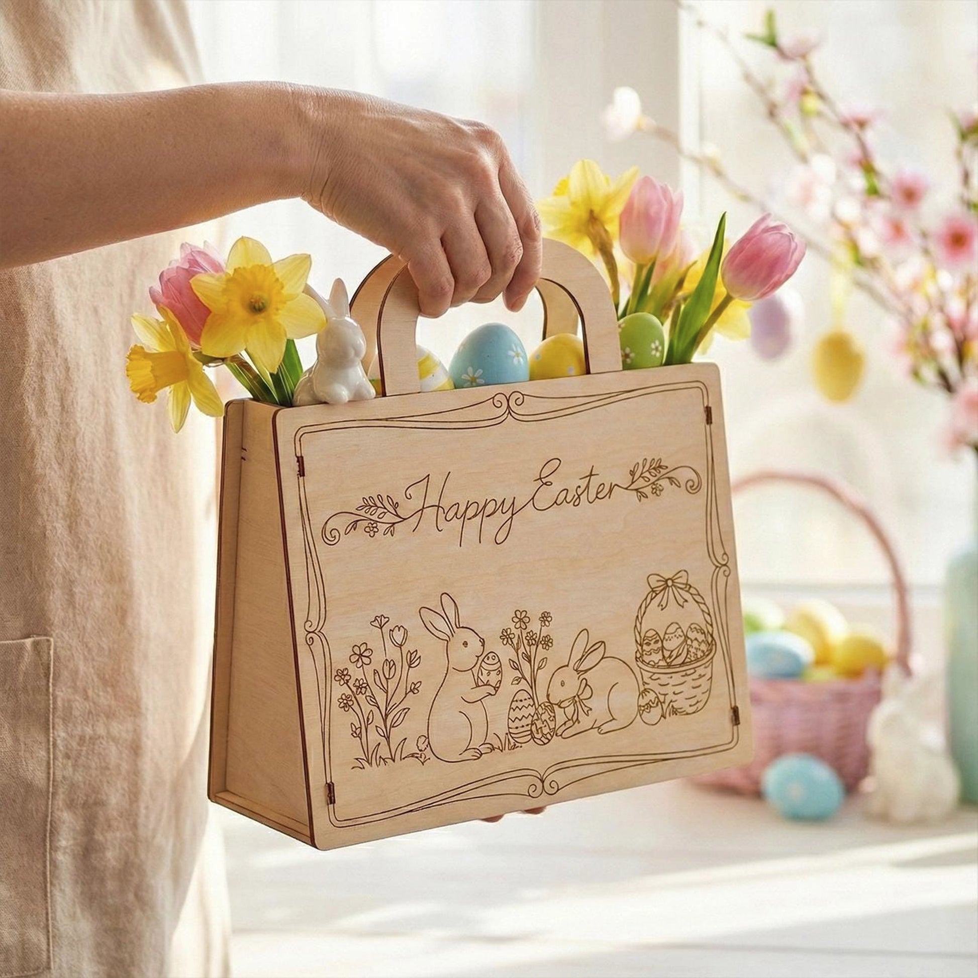 A person is holding a aser cut plywood Easter gift bag with a bunny, flowers, and Easter eggs inside.