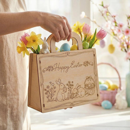 A person is holding a aser cut plywood Easter gift bag with a bunny, flowers, and Easter eggs inside.