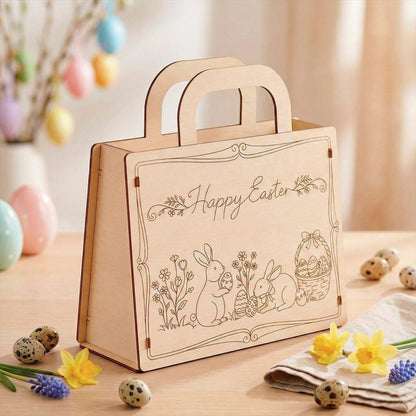 A laser cut plywood Easter gift bag with the phrase "Happy Easter" written on it, surrounded by flowers and Easter eggs on a table.