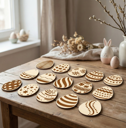 Wooden laser cut Easter egg decorations on a wooden table with decorative elements in the background.