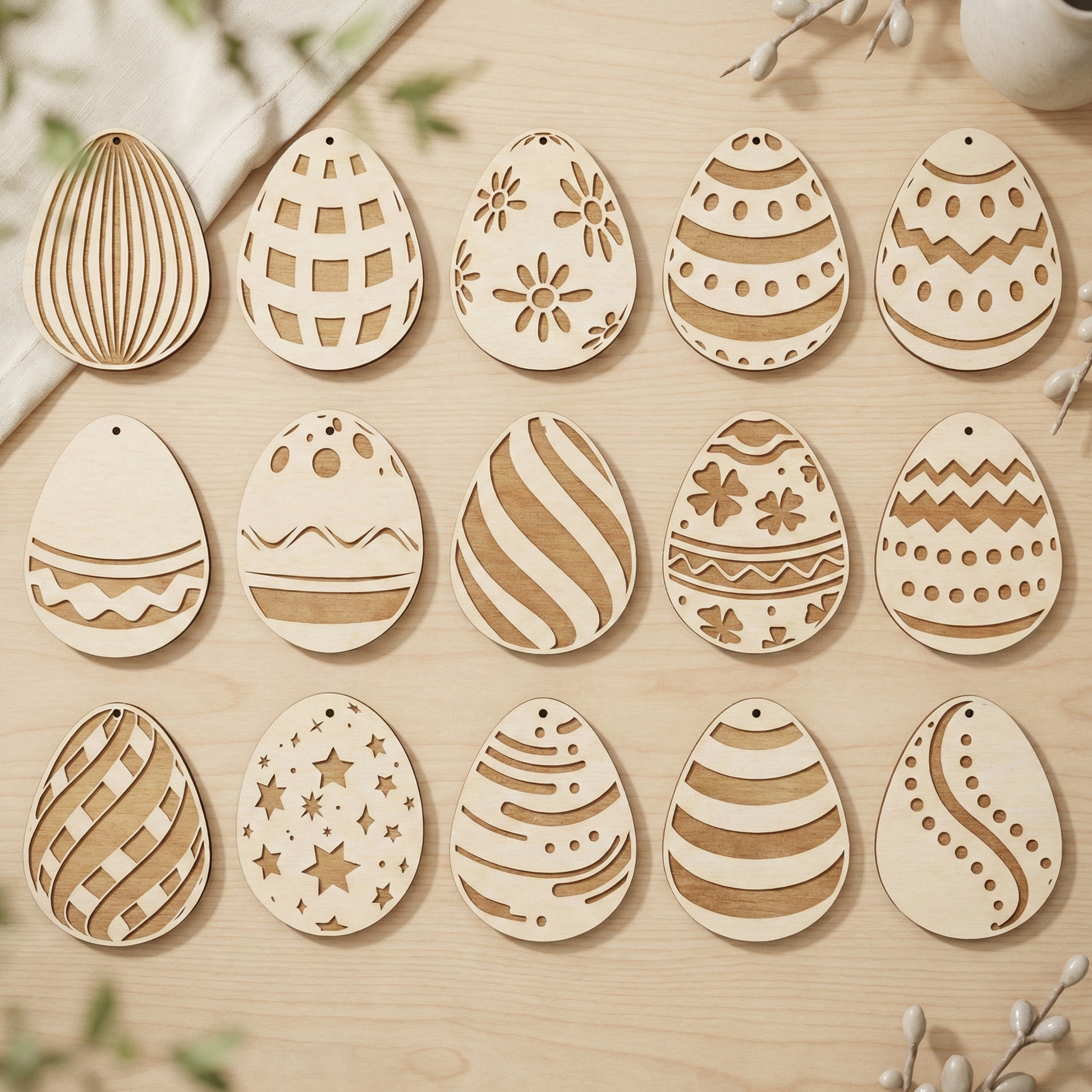 Wooden laser cut Easter egg ornaments with various patterns on a wooden surface.