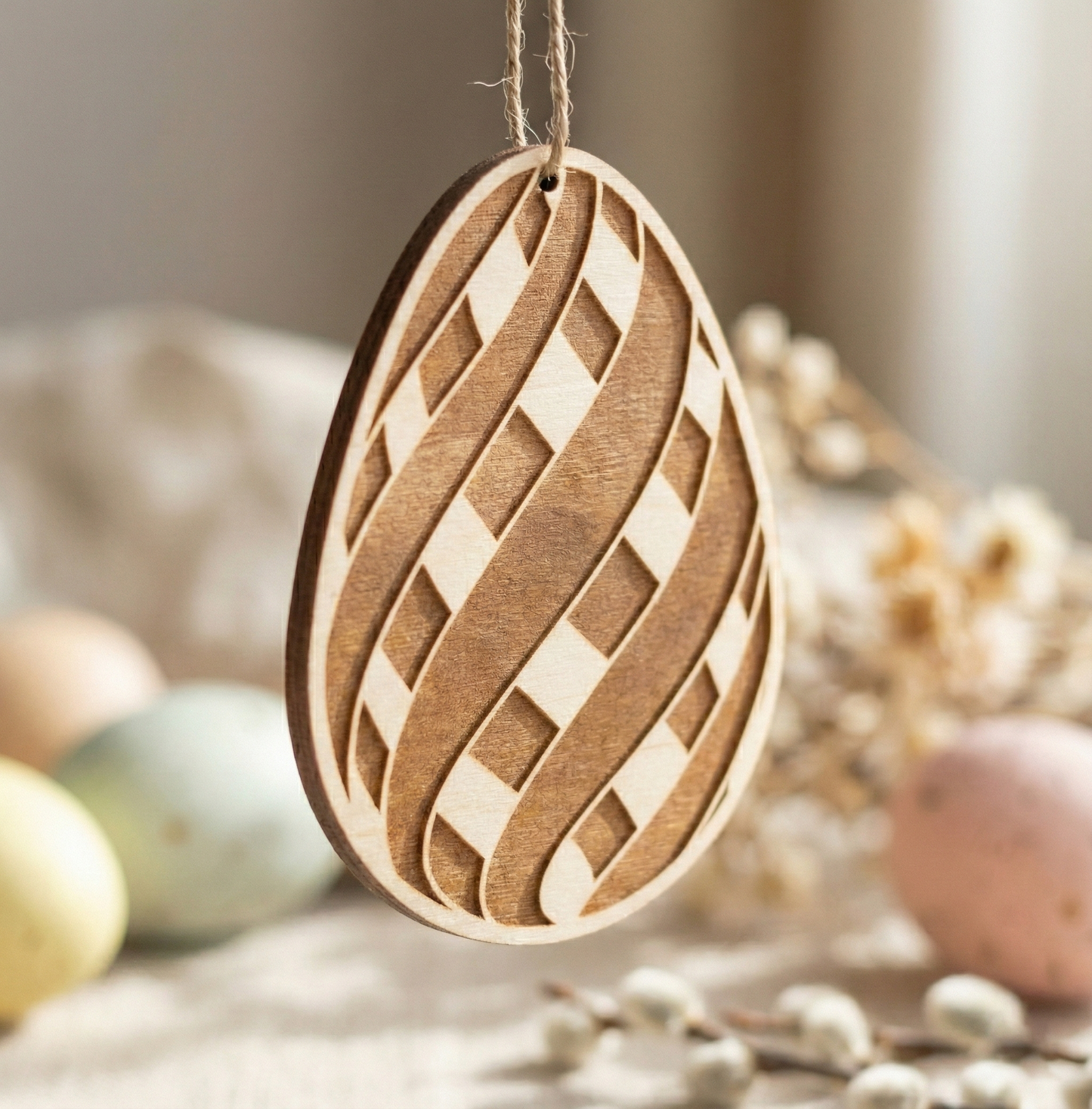 Wooden egg-shaped ornament with wavy pattern on a blurred natural background