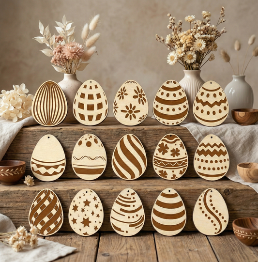 Wooden laser cut Easter eggs ornaments with patterns on a wooden shelf with decorative vases and flowers.