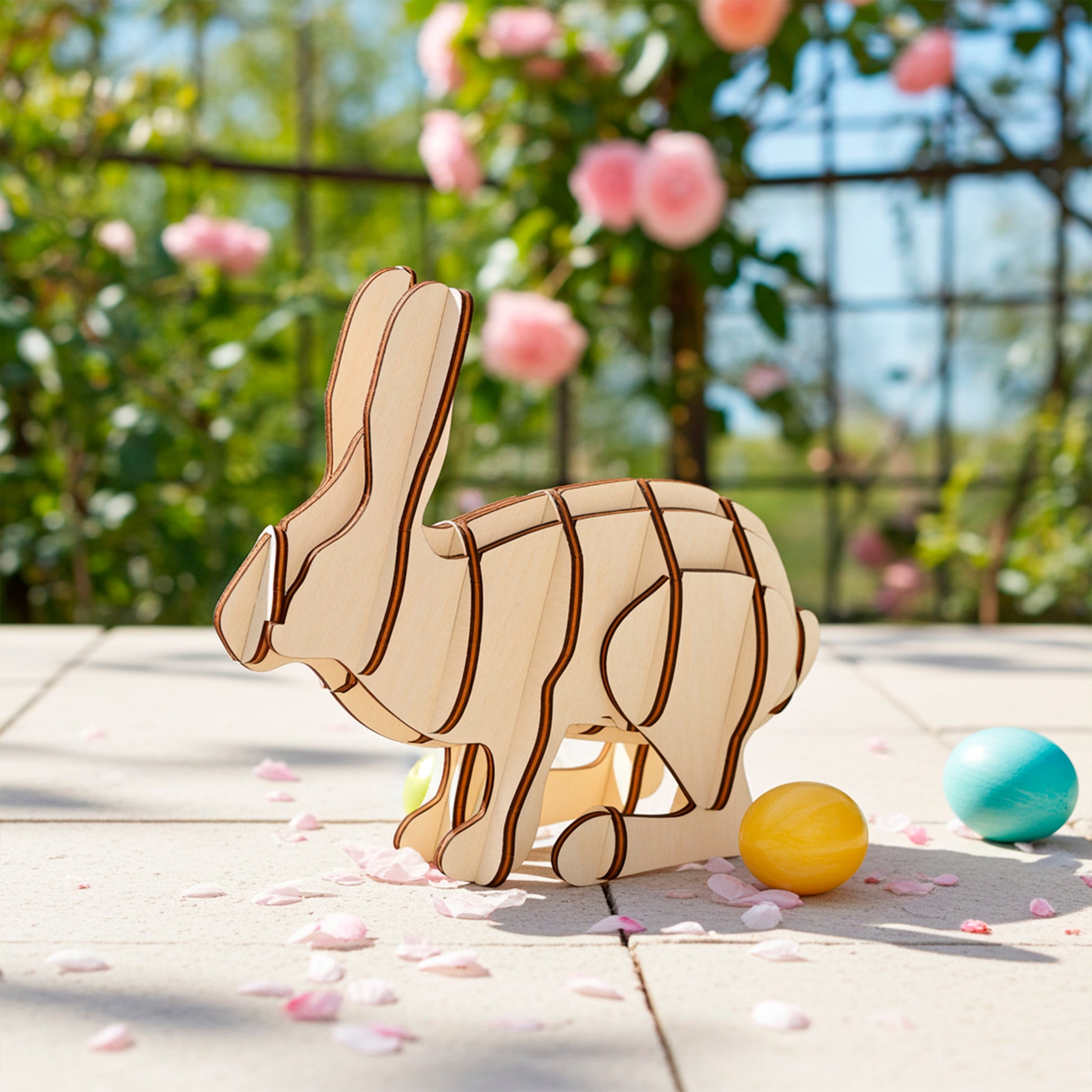 A charming laser cut plywood wooden Easter bunny figurine, assembled from interlocking pieces, stands on a patio scattered with pink petals, with blurred pink roses and colored eggs in the background