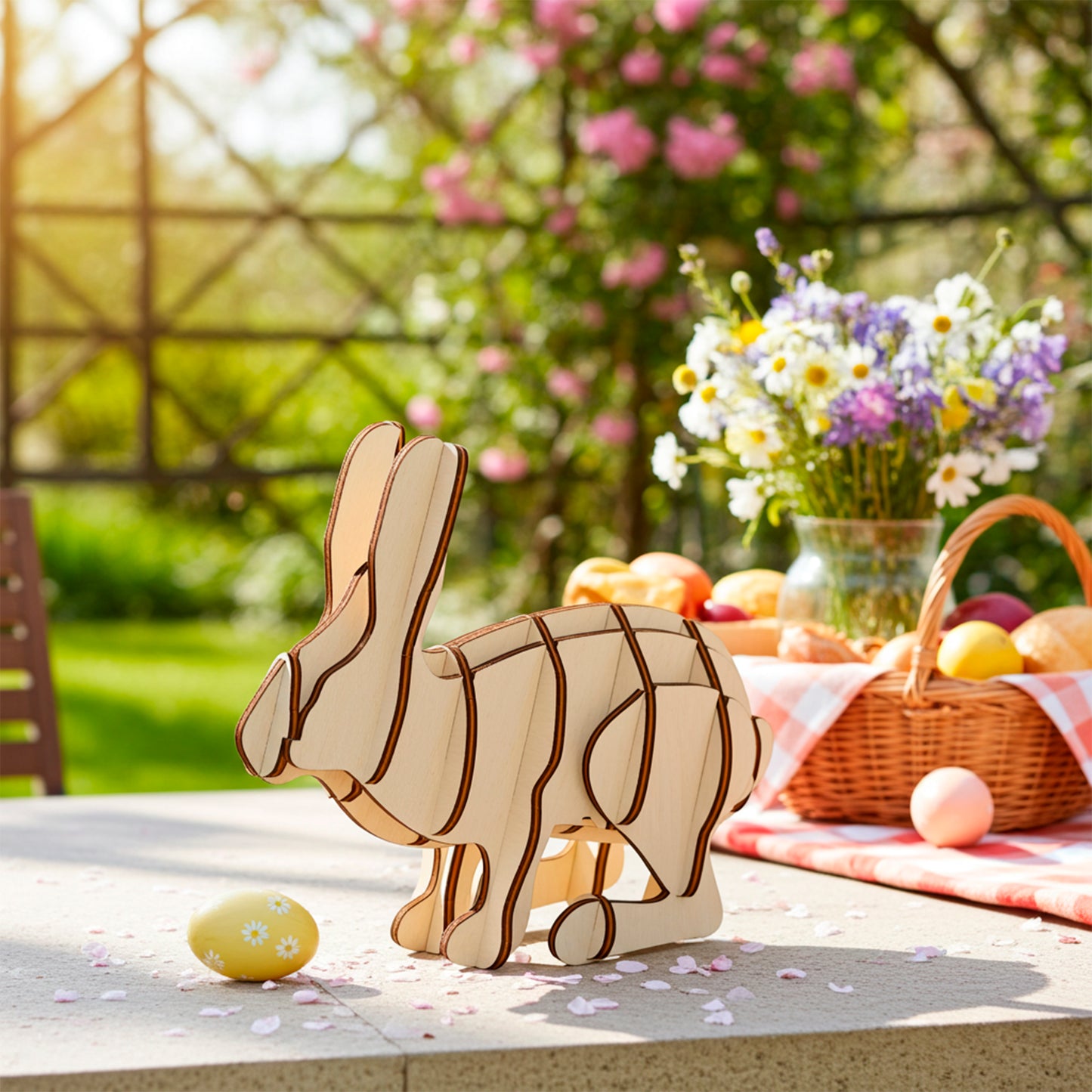 A laser cut wooden plywood Easter bunny decoration, assembled from light wood, stands on a sunlit outdoor table with scattered petals, next to a picnic basket and a bouquet of wildflowers.
