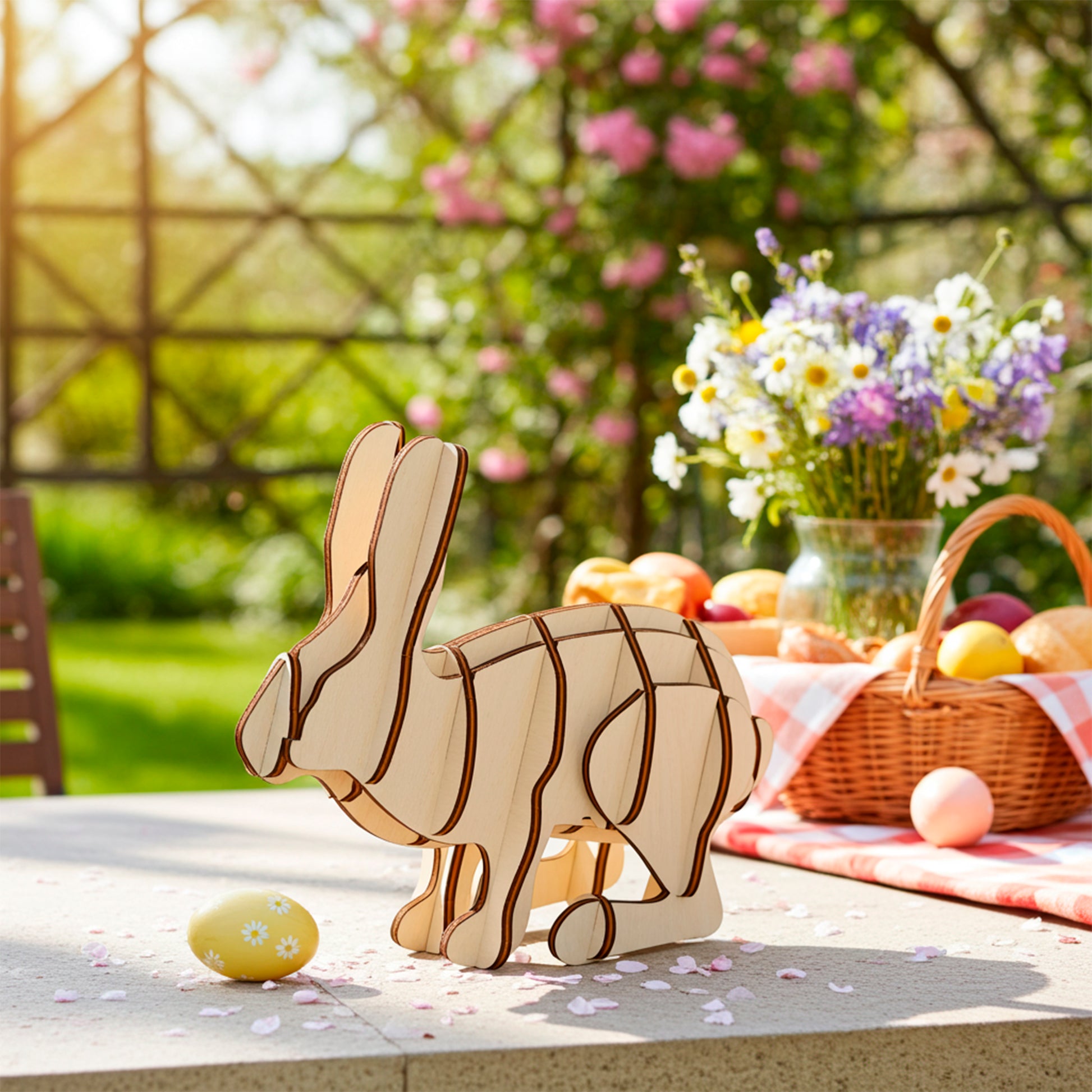 A laser cut wooden plywood Easter bunny decoration, assembled from light wood, stands on a sunlit outdoor table with scattered petals, next to a picnic basket and a bouquet of wildflowers.