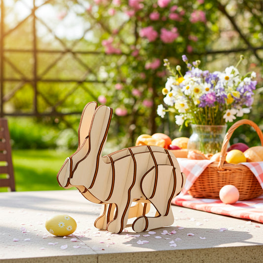 A laser cut wooden plywood Easter bunny decoration, assembled from light wood, stands on a sunlit outdoor table with scattered petals, next to a picnic basket and a bouquet of wildflowers.